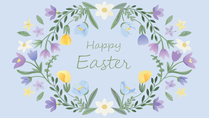 A beautiful pastel floral wreath with the words happy easter written in the center perfect for spring celebrations and greeting cards