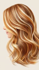 Naklejka premium A beautiful profile view of wavy, sun-kissed hair, showcasing natural highlights and a glossy finish against a neutral backdrop.