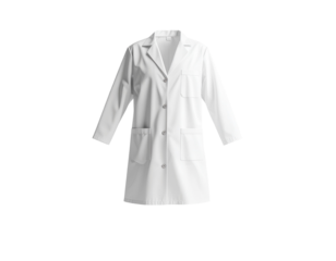 A clean and professional white medical lab coat with long sleeves and multiple pockets for healthcare workers