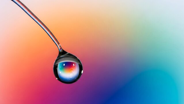 Macro shot of a water droplet reflecting a colorful background.