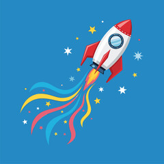 Vibrant cartoon rocket launching with colorful exhaust trail and stars against a blue sky, symbolizing startup success or space exploration.
