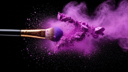 Makeup brush with purple powder explosion on black background.