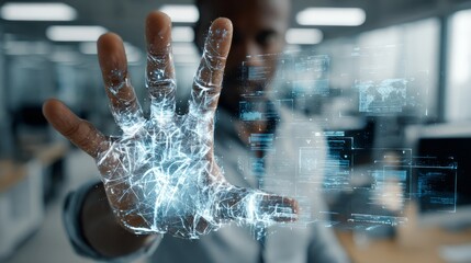 Human hand interacting with digital augmented reality interface data