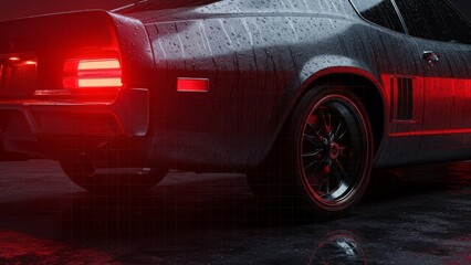 Sleek Muscle Car Tail Light Detail in the Rain.