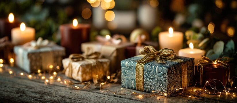 A table adorned with festive garland showcases photo wrapped boxes with gifts while in the background lit candles create a warm and cozy atmosphere. Copy space image. Place for adding text and design