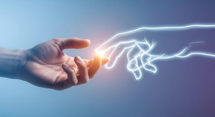 Human hand reaching toward a glowing digital wireframe hand against a gradient background symbolizing technological connection and data transfer.