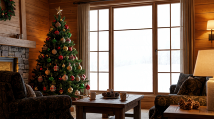 A cozy living room scene featuring a decorated Christmas tree a stone fireplace comfortable armchairs and a wooden coffee table with mugs and pinecones visible through a transparent window