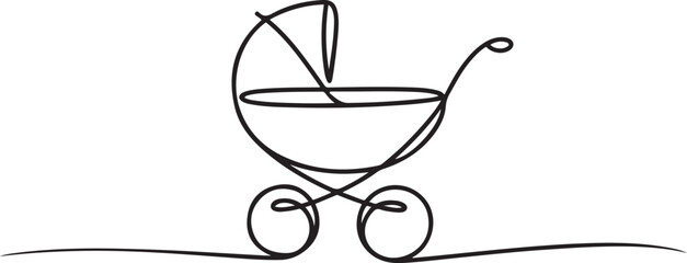 One continuous line drawing of baby stroller. Outline drawing of baby carriage, classic style pram for winter walk. Editable stroke. one line Icon drawing