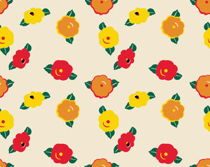 Japanese Round Flower Leaf Vector Seamless Pattern