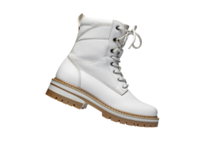 A stylish white leather ankle boot with laces and a chunky sole designed for fashion and comfort