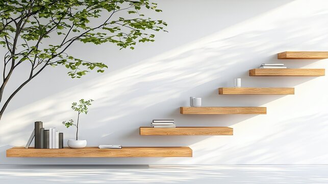 A modern interior with wooden shelves, books, plants, and bright sunlight creating shadows on a white wall. The design is minimalist and natural. - Powered by Adobe