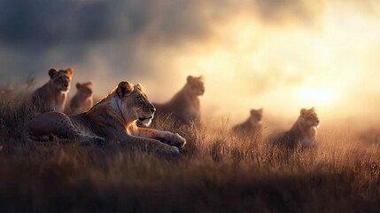 A pride of lions resting in tall grass, bathed in the warm light of a sunset. The scene evokes a sense of peace and the beauty of the African savanna.