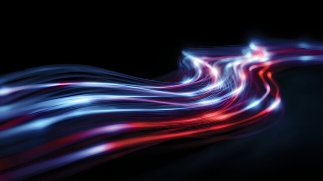 Light trail wave, fire path trace line, car lights, optic fiber and incandescence curve twirl, abstract background in blue and purple neon glow colors on white background Stock Illustration