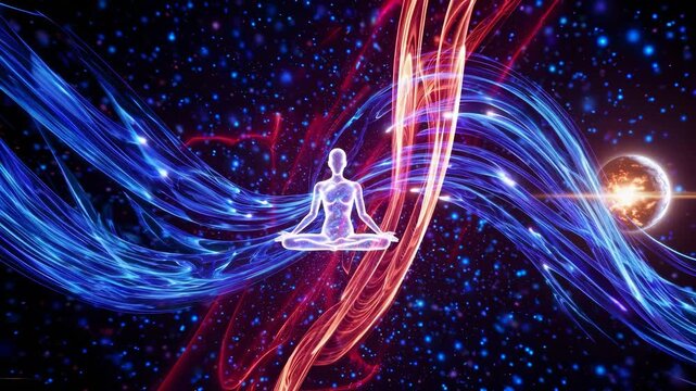 Meditation pose in galaxy cosmos light. Energy swirls illuminate yoga background. Cosmos surrounds glowing energy meditation. Meditation energy cosmos flow in galaxy.