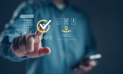 Fototapeta premium Businessman pointing at digital checklist with certification and approval icons. Concept for quality assurance, standard compliance, verified documents, task completion, and digital validation.