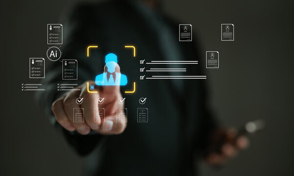 AI recruitment technology selecting candidate from digital resume data. Concept for automated hiring, talent acquisition, resume screening, HR tech, and human resources digital transformation.