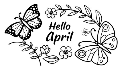 Fototapeta premium Vector illustration of ‘Hello April’ decorated with blooming flowers, butterflies, and fresh green leaves, creating a bright cheerful April-month design 