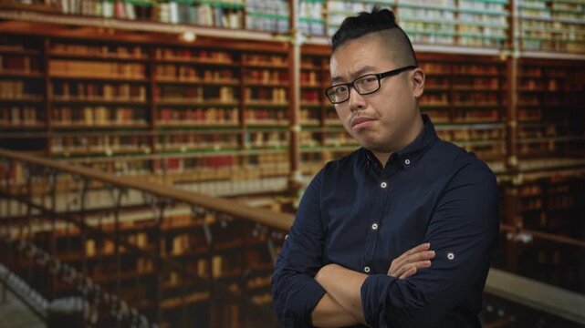 Man with arms crossed by tall wooden bookshelves in a library building, leaning on a railing and gazing at camera; confidence.