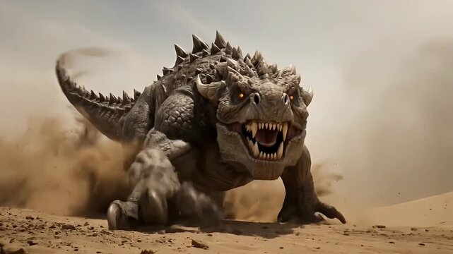 Massive spiked reptilian monster charging aggressively through a dusty desert landscape