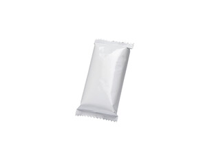 Single white packet with a glossy surface and sealed edges, commonly used for packaging small items or snacks