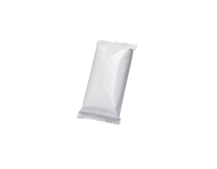 Single white packet with a glossy surface and sealed edges, commonly used for packaging small items or snacks