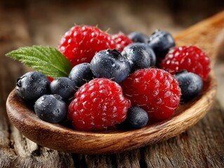 Fresh raspberries and blueberries in wooden spoon