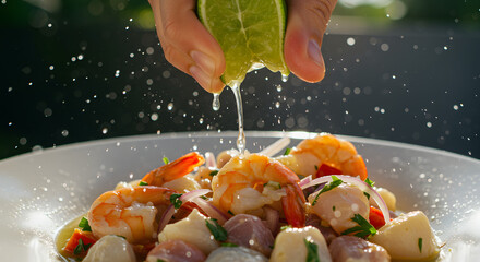 Dynamic shot of hand squeezing fresh lime onto a vibrant seafood ceviche, with juice splashing