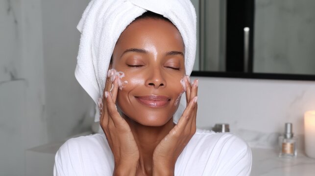In a serene bathroom setting, an African American woman indulges in self-care, applying cleanser to her smiling face. Soft lighting and a clean environment create a relaxing atmosphere
