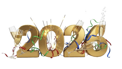 Happy New Year 2024 Celebration Sparkling Numbers, Champagne, and Festive Cheer on White