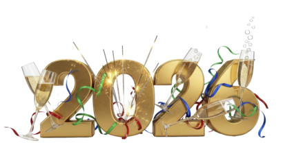 Happy New Year 2024 Celebration Sparkling Numbers, Champagne, and Festive Cheer on White