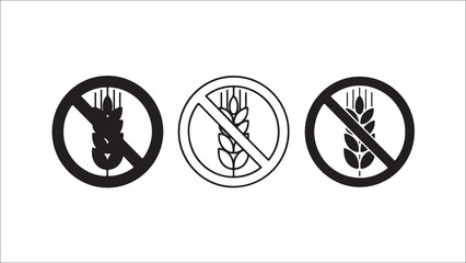 Fototapeta premium Three circular icons with a wheat stalk crossed out, indicating gluten-free, on a white background.