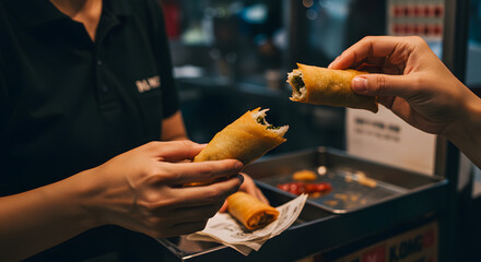 Close-up of Hands Exchanging and Enjoying Fried Spring Rolls at a Street Food Market