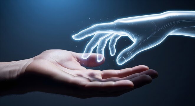 Ethereal wireframe digital hand reaching towards a human palm, symbolizing futuristic technology, artificial intelligence, connection, and data transfer on dark background.