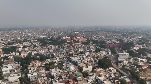 Mathura city aerial view displaying historic temples and dense neighbourhoods, highlighting the blend of tradition and modern living.