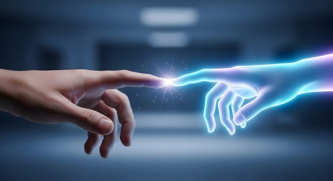 Digital concept of a human hand touching a glowing technological hand, symbolizing connection, artificial intelligence, and data transfer in a futuristic environment.