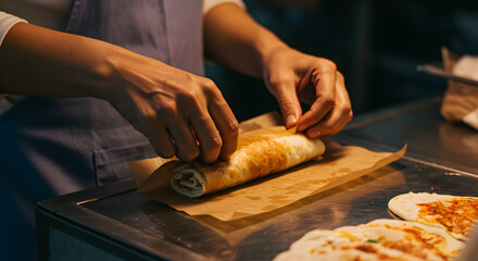 Close-up of hands wrapping a savory food item in parchment paper for serving or takeaway, showcasing fresh meal preparation