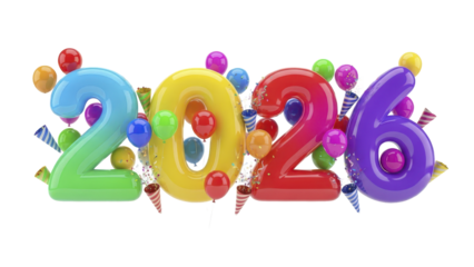 Happy New Year 2026 greeting concept with colorful glossy numbers, festive balloons, and confetti on an isolated white background