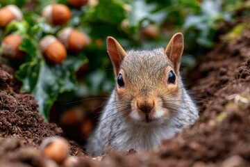 Obraz premium Charming Squirrel Collecting Acorns in Vibrant Autumn Forest, Preparing for Winter s Chill Ahead