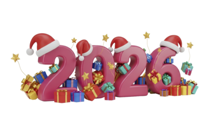 Happy New Year 2026 with Christmas Gifts and Stars