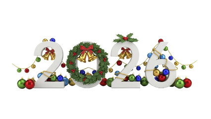 Festive holiday celebration concept featuring the number 2026 adorned with colorful Christmas decorations, baubles, and lights for the upcoming new year
