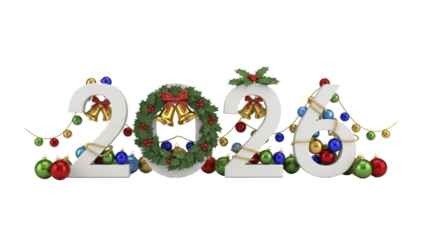 Festive holiday celebration concept featuring the number 2026 adorned with colorful Christmas decorations, baubles, and lights for the upcoming new year