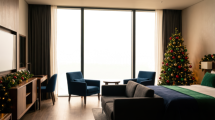 A decorated Christmas tree in a hotel room with a bed, sofa, chairs, table, and a large transparent window overlooking a dimly lit outdoor area with some foliage Bedroom