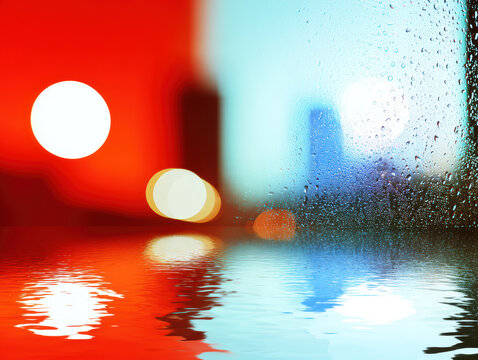 Raindrop on window bokeh light city night water reflection red blue contrast wet glass - Powered by Adobe