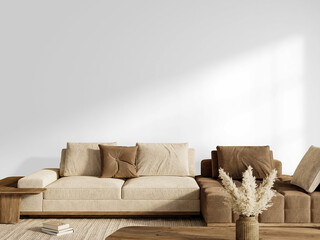 Scandinavian Living Room PNG &ndash; Beige Sofa with Brown Accent Chaise, Wooden Coffee Table, Pampas Grass Vase Decor on Transparent Background