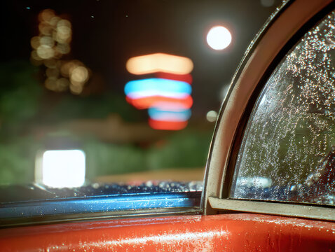 Rain soaked car window at night with neon bokeh lights creating moody urban atmosphere