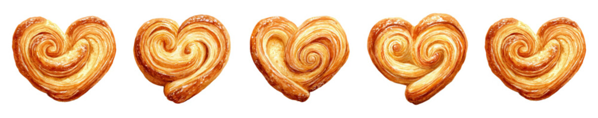 Heart shaped palmiers, a sweet puff pastry cookie, providing a delightful and romantic treat for valentine's day celebrations, love, or special occasions, isolated on a transparent background