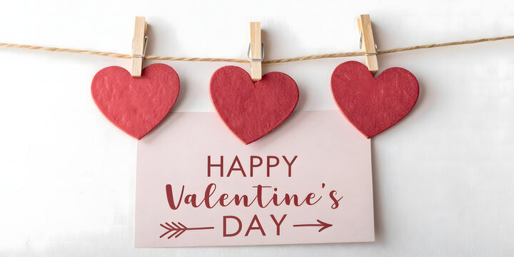 Red paper hearts on a wooden background with some hanging on a clothesline, symbolizing love and the celebration of Valentine's DayRed paper hearts on a wooden background with some hanging on a clothe
