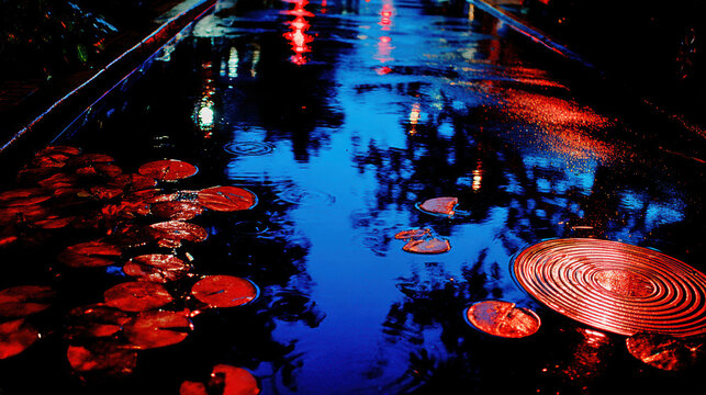 Neon wet street pond reflection city night rain puddle circular grate lily pad vibrant color blue reflection red highlight