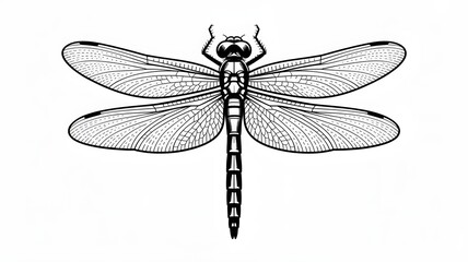 Black and white detailed line art dragonfly illustration