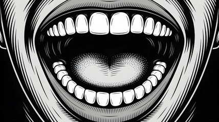 Black and White Close Up of Wide Open Mouth with Teeth